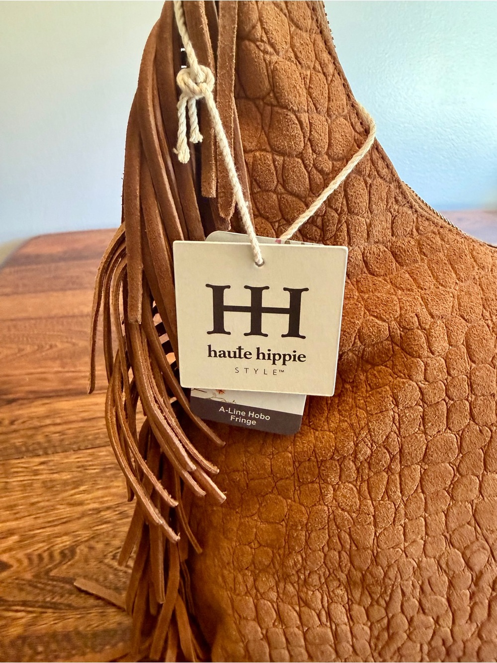 Haute Hippie Cognac Suede Croc-Embossed Fringe Hobo Shoulder Bag - Picture 4 of 10